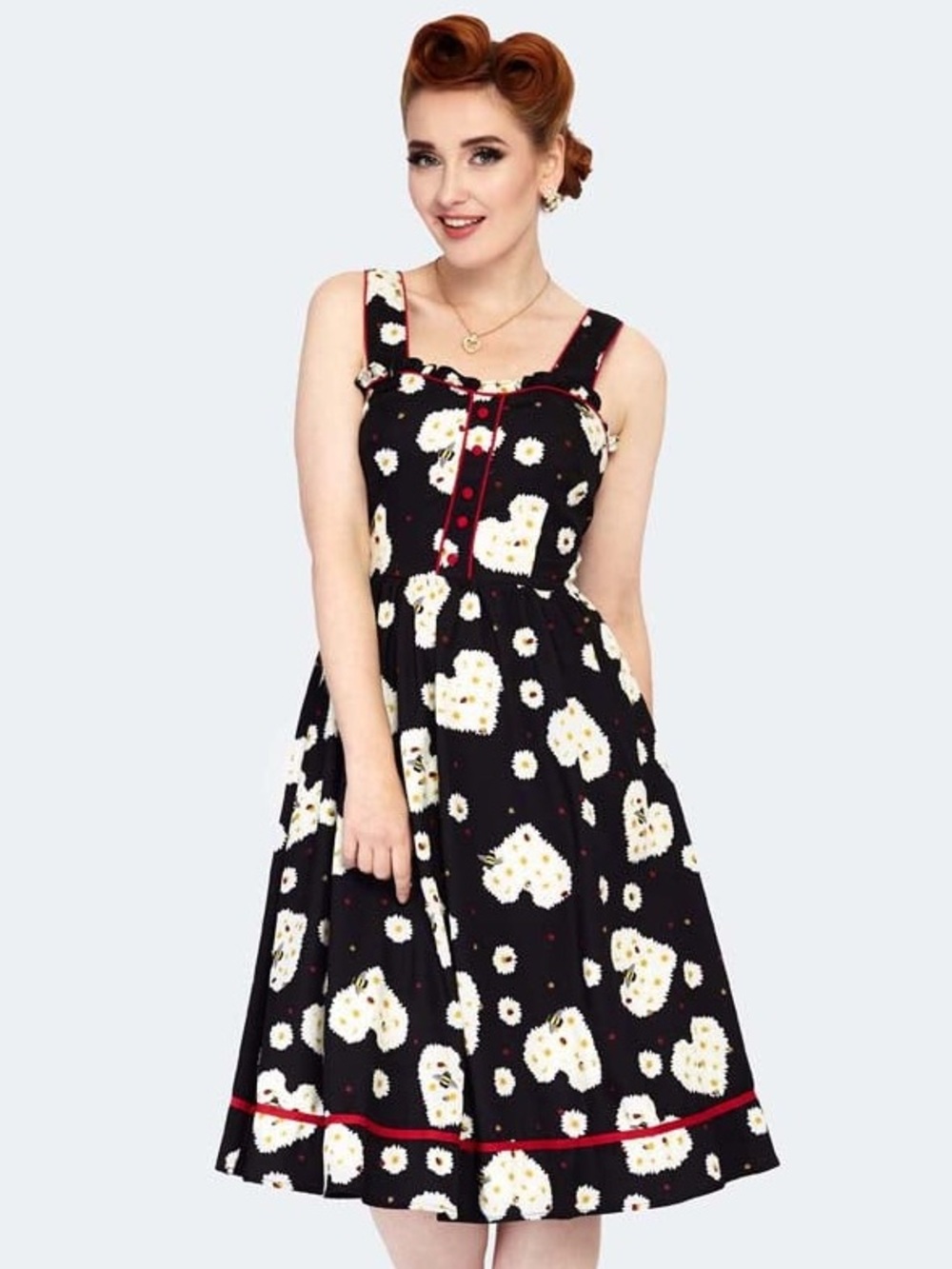 Voodoo Vixen Black Daisy Print Sundress with Red Trim Size Large